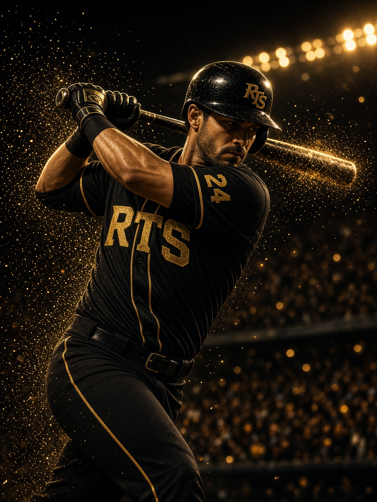 Baseball player in an RTS jersey mid-swing under stadium lights