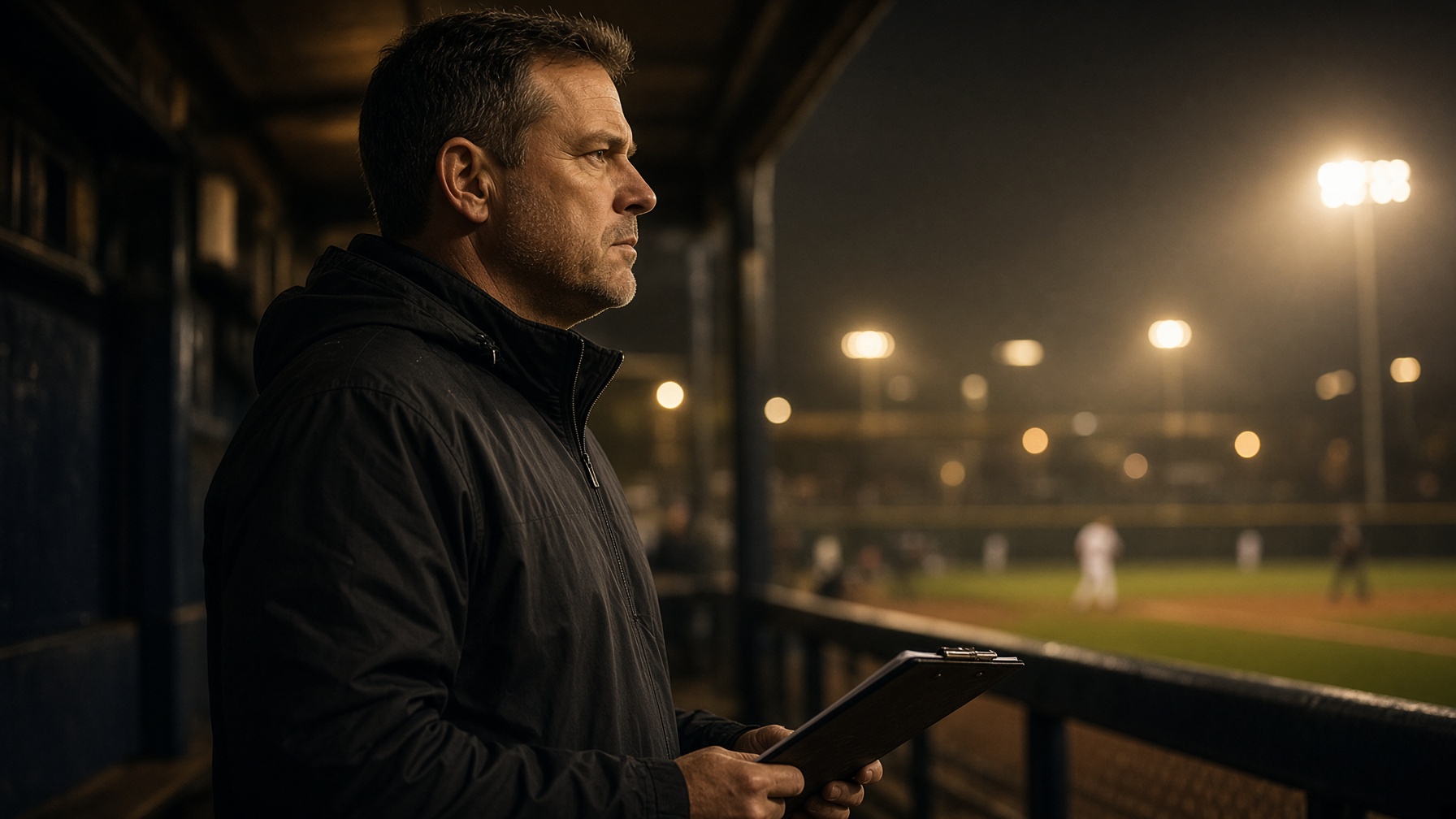College baseball coach watching from the dugout